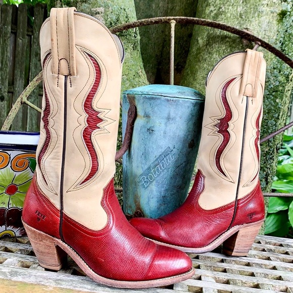 FRYE Vintage Red Lizard Leather Heeled Western Cowboy Boots—Made in USA, Size 7 - Picture 2 of 12